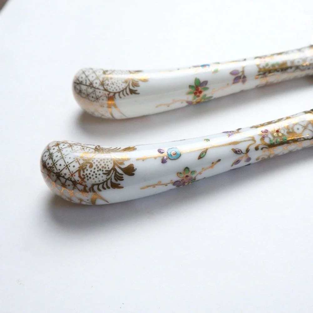 VTG Sheffield Cake Server Knife Set Hand Painted Floral Motif Porcelain Gold